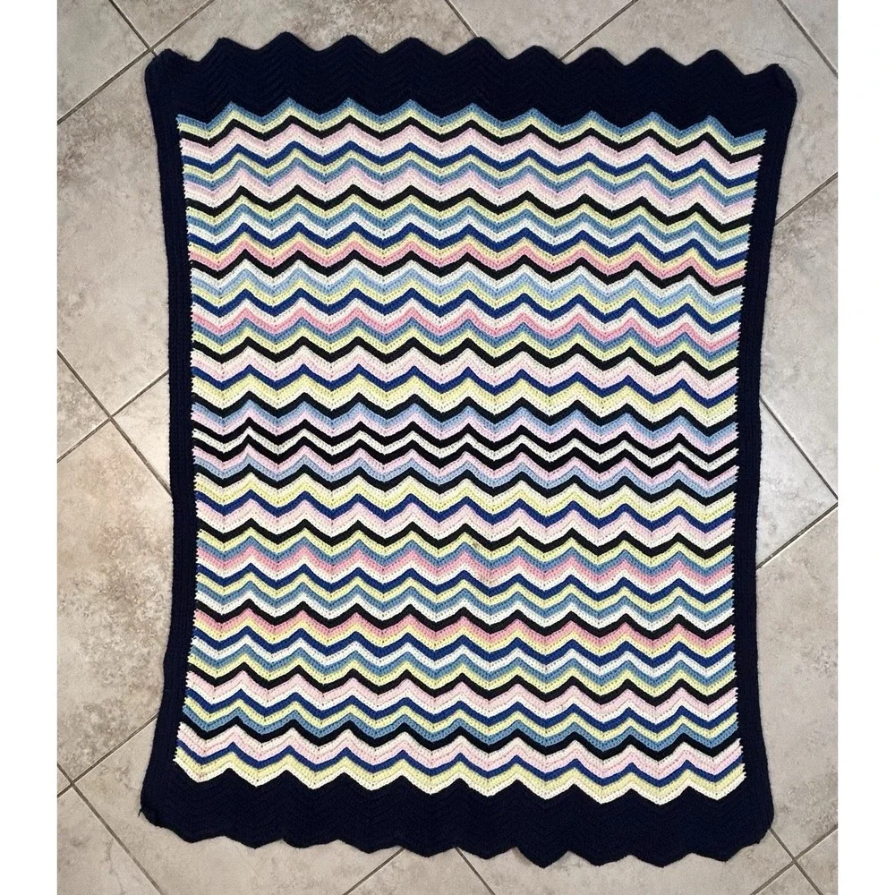 VTG Crocheted ‎ 70's Chevron Afghan Throw Blanket Blue Pink & Yellow 56